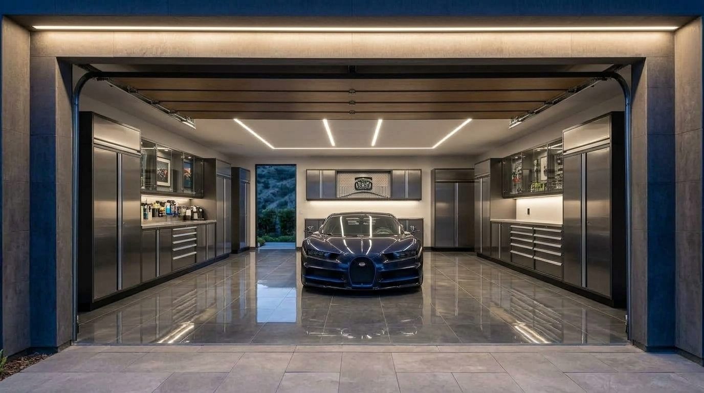 Leach Garage Door Services Interior View of Custom Garage Door Overhead and Workshop